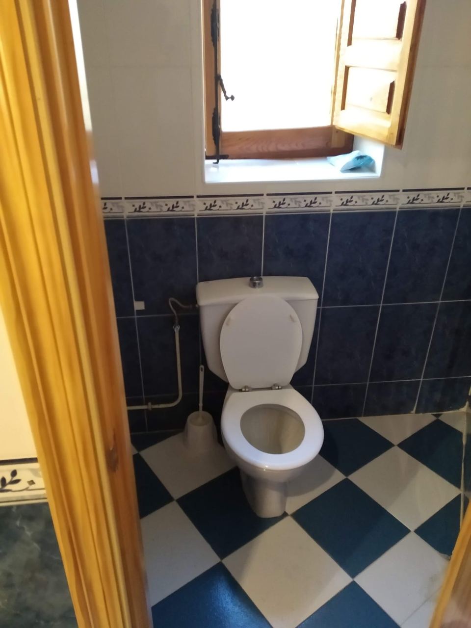 Baño antiguo con azulejo azul y suelo de damero