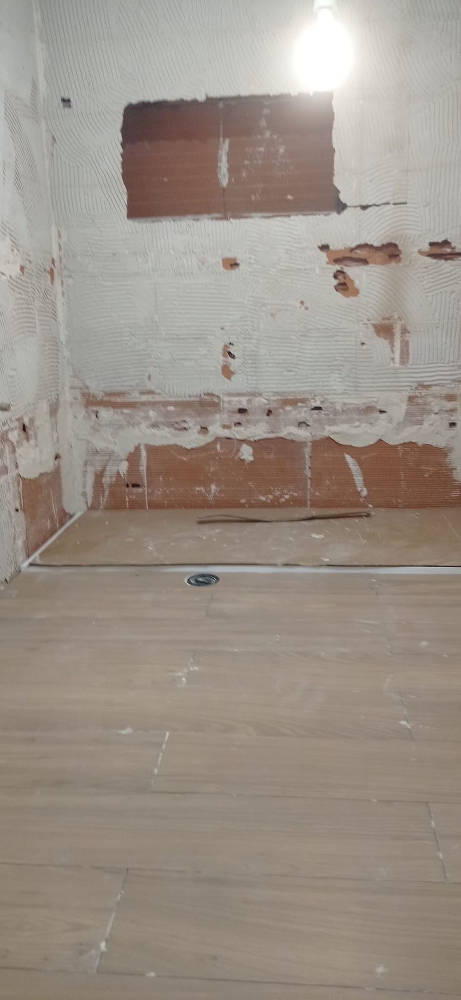 Baño picado hasta el ladrillo, listo para alicatar